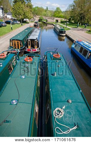 Trevor Wales United Kingdom - May 16 2016: Narrowboats on the Llangollen canal a popular holiday getaway for families and tourists to enjoy the extensive inland waterway network