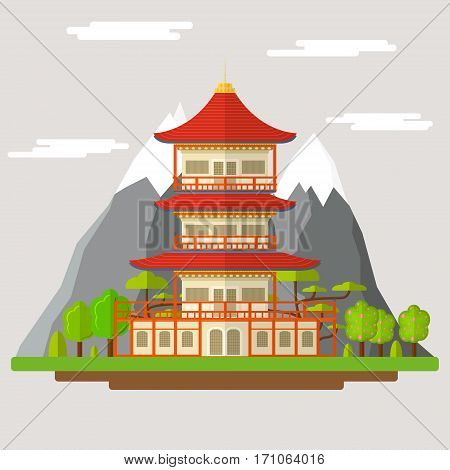 Cartoon Japanese Temple Traditional Building on a Landscape Background Flat Design Style. Vector illustration