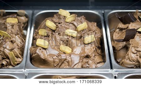 box ice cream variegated chocolate and gianduja in a showcase