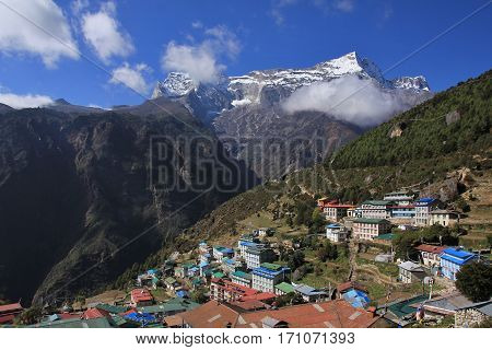View from Namche Bazar village in the Everest National Park Nepal.