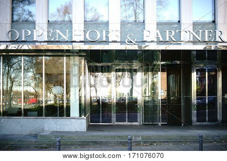 COLOGNE, GERMANY - NOVEMBER 24: The entrance of the Economic Chancellery Oppenhoff & Partner at the Institute of German Economy with logo on November 24, 2016 in Cologne.