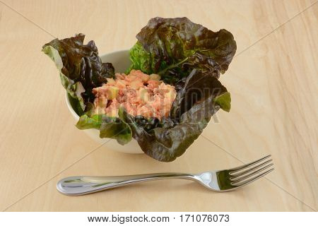 Albacore tuna salad with diced apples and french dressing in bowl
