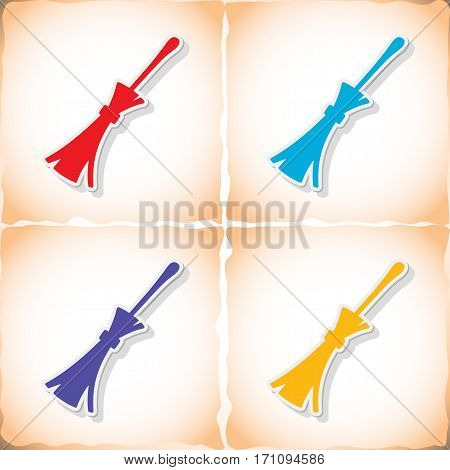 Broom. Flat sticker with shadow on old paper. Vector illustration