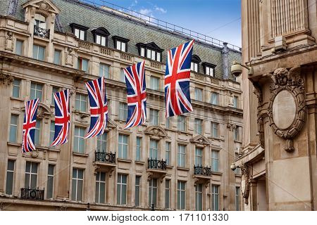 London UK flags in Oxford Street W1 Westminster England