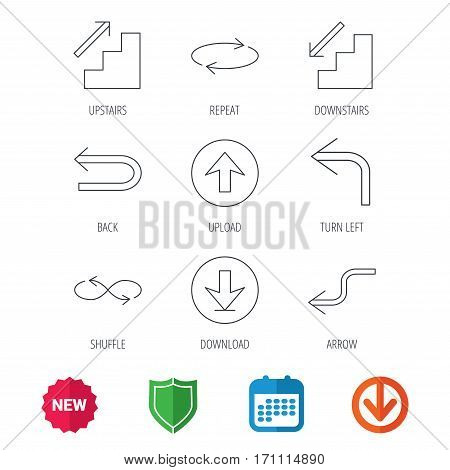 Arrows icons. Download, repeat and shuffle linear signs. Upload, back arrow flat line icons. New tag, shield and calendar web icons. Download arrow. Vector