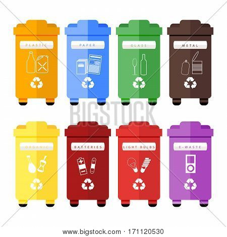 Vector set of colorful trash sorting bins for plastic, paper, glass, metal, organic, batteries, light bulbs and e-waste. Recycling for household and city street, hand sorting method for recycling