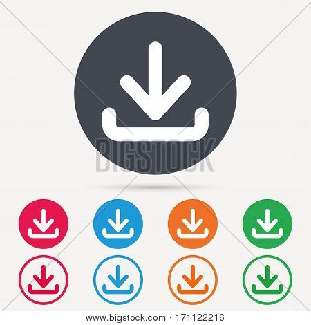 Download icon. Load internet data symbol. Round circle buttons. Colored flat web icons. Vector