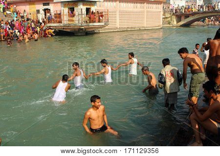 HARIDVAR, INDIA - JAN 14, 2009: During celebrations Makar Sankranti. Festival is celebrated in various parts of India to observe the day which marks the shift of the sun into ever-lengthening days.
