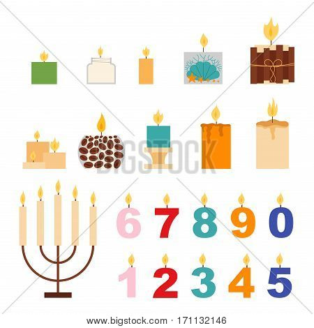 Celebration glowing religion candles birthday traditional decoration. Romance night bright flame. Meditation memorial burning object vector illustration.