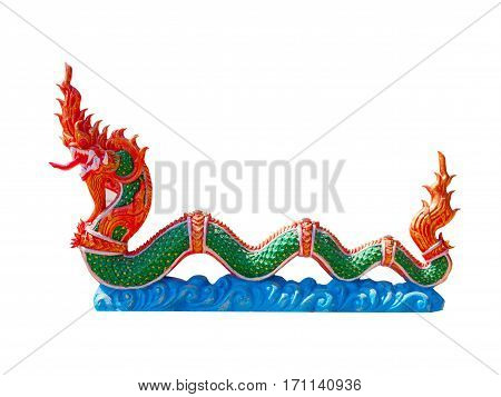 Serpent king or king of naga statue or Thai dragon in Thai temple isolated on white background
