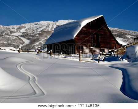 Ski tracks at historic Steamboat Springs barn
