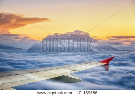 Huai Nam Dang National Park with wing of air pland view from windows of airplane travel and transportation concept out door and landscape.