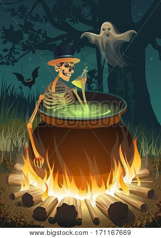 Halloween flyer for a party with a bonfire, a skeleton, a Ghost and a bat