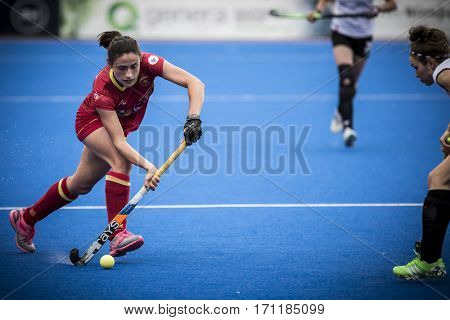VALENCIA, SPAIN - FEBRUARY 12: Beatriz Perez with ball during Hockey World League Round 2 Final match between Spain and Poland at Betero Stadium on February 12, 2017 in Valencia, Spain