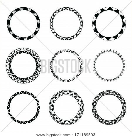 Set of hand drawn ethnic circle frames. Doodles style. Tribal native aztec vector illustration. Decorative isolated elements, border, label for text. Ink collection of symbols.