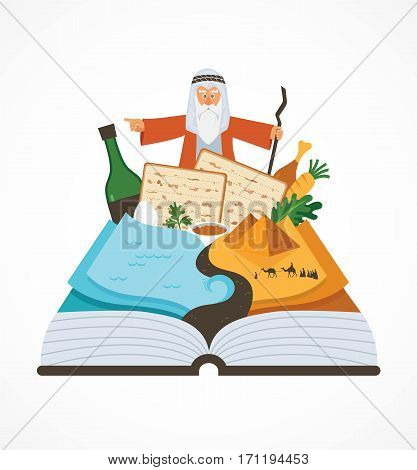 abstract passover story haggadah book over traditional food and Mozes . vector illustration