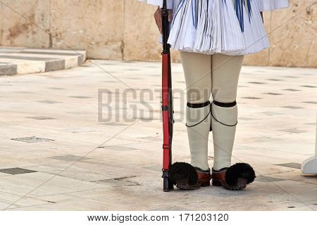 Evzonas Guardian in front of the Greek parliament building Athens Greece.