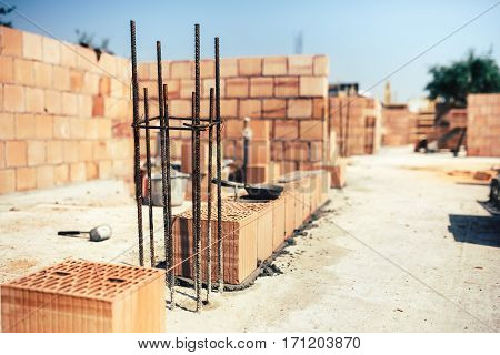 Industrial Construction Site, Placing Bricks On Cement While Building Exterior Walls, Industry Detai