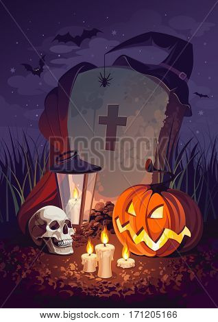 Halloween pumpkin and a tombstone on the night sky background