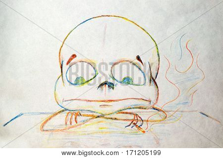 Hero Of Thought And Smokes, Her Head Resting On His Hands On The Table. Pencil Drawing On Paper