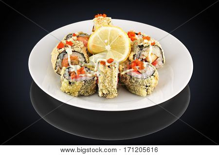 Hot roll with in a white plate on a black background