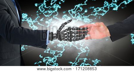 Hand presenting against cropped image of businessman with robot hand