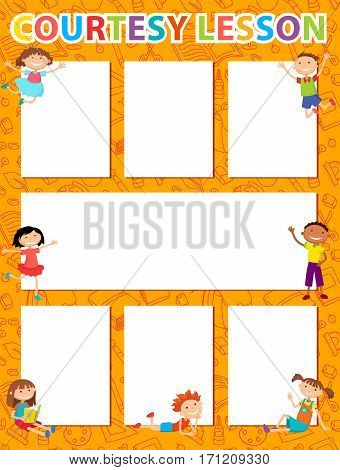 Vector brochure backgrounds with cartoon children. Infographic template design. Courtesy lesson for children rights to the banner advertisement for children illustration vertical
