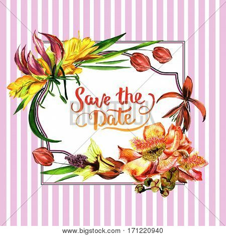 Tropical Hawaii leaves and flowers frame in a watercolor style isolated. Aquarelle wild flower for background, texture, wrapper pattern, frame or border.