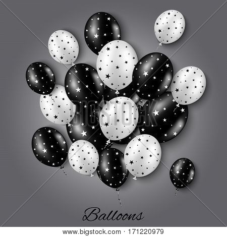 Vector festive illustration of white and black balloon bunch with stars on gray background