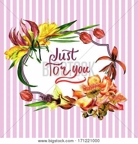 Tropical Hawaii leaves and flowers frame in a watercolor style isolated. Aquarelle wild flower for background, texture, wrapper pattern, frame or border.