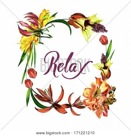 Tropical Hawaii leaves and flowers frame in a watercolor style isolated. Aquarelle wild flower for background, texture, wrapper pattern, frame or border.