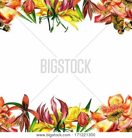 Tropical Hawaii leaves and flowers frame in a watercolor style isolated. Aquarelle wild flower for background, texture, wrapper pattern, frame or border.