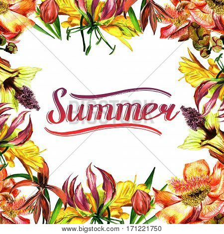 Tropical Hawaii leaves and flowers frame in a watercolor style isolated. Aquarelle wild flower for background, texture, wrapper pattern, frame or border.