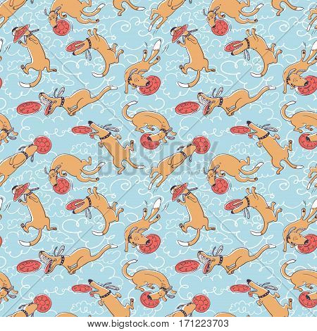 Cute activity dogs vector seamless pattern. Doodle background with sport pets. Funny animals playing catching and retrieving plastic disk. Color version with cloud backdrop