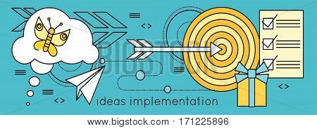 Ideas implementation background in flat. Idea generation, problem solving, strategy solution, analysis innovation, research, brainstorm, good solution, optimization, insight inspiration illustration