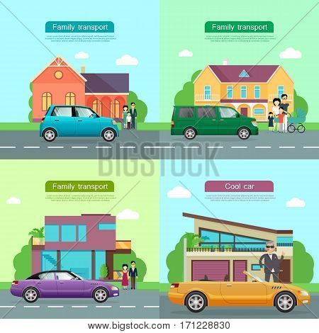 Family transport. Collection of four automobile icons. Small blue automobile, green minivan and violet car with shifted roof on road near houses and families. Cool yellow cabriolet near man. Vector