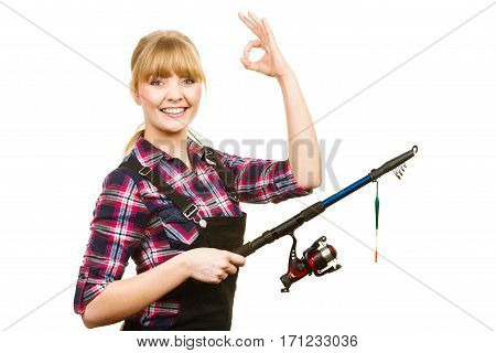 Woman With Fishing Rod Showing A Ok