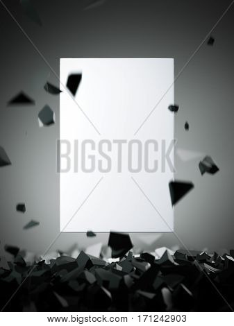 White blank canvas with flying stones isolated on dark background. 3d rendering
