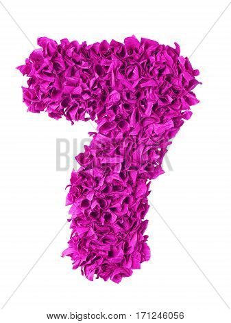 Seven. Handmade number 7 from magenta color crepe paper isolated on white background. Set of pink numbers from scraps of paper
