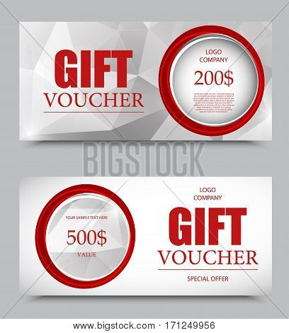 Gift company voucher template on five and two hundred dollars with circles and gray polygonal geometric pattern. Vector illustration