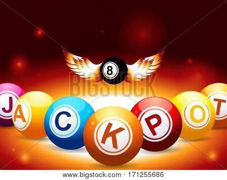 Bingo Lottery Balls with Letters Composing Jackpot Word and Number 8 Black Ball with Wings Over Glowing Background