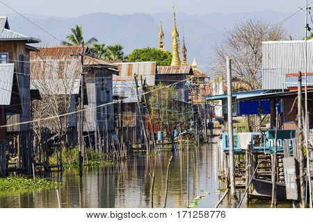 Traditional wooden stilt houses at the Inle lake, Shan state, Myanmar (Burma).