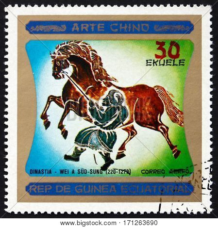 EQUATORIAL GUINEA - CIRCA 1977: a stamp printed in Equatorial Guinea shows Chinese Horse Painting Chinese Art Dynasty Wei a Sud-Sung circa 1977