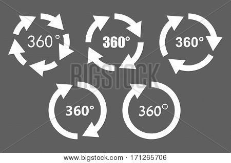360 degree rotation arrow icon set. White arrows on grey background. Circular panorama photography icons. Used for virtual visit of popular place or virtual reality effects. Vector illustration