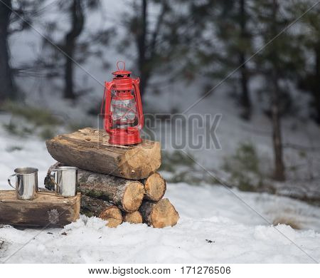 camping in the wood in the winter in a mountain tent