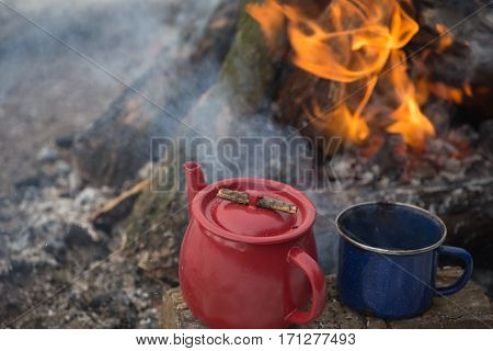 camping in the wood in the winter in a mountain tent