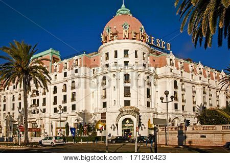 Le Negresco hotel, on corner of main beach-side road in Nice, France. Photo taken May 2011.