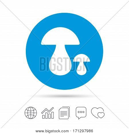 Mushroom sign icon. Boletus mushroom symbol. Copy files, chat speech bubble and chart web icons. Vector