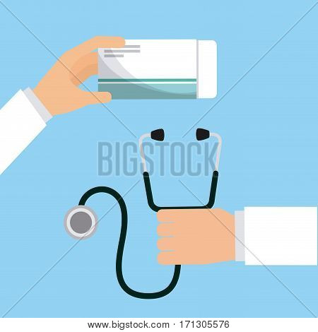 hand holdign a sthetoscope and pills box over blue background. first aid concept. colorful design. vector illustration