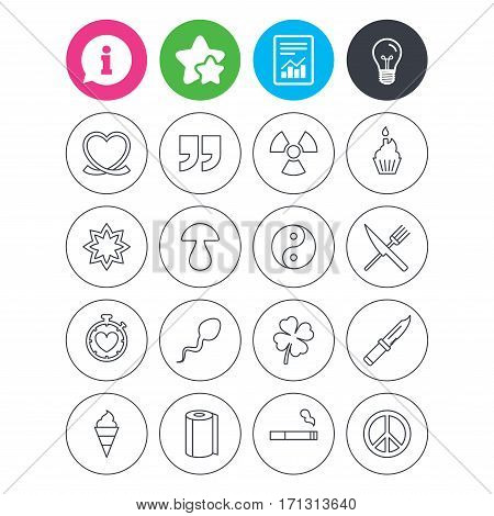 Information, light bulb and report signs. Universal icons. Quotes, ribbon heart and cake. Clover, mushroom and ice cream. Smoking, knife and fork. Favorite star symbol. Flat buttons. Vector